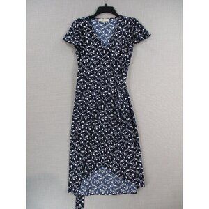Loft Floral Wrap Dress Size 2 Short Sleeve V-Neck Black & White